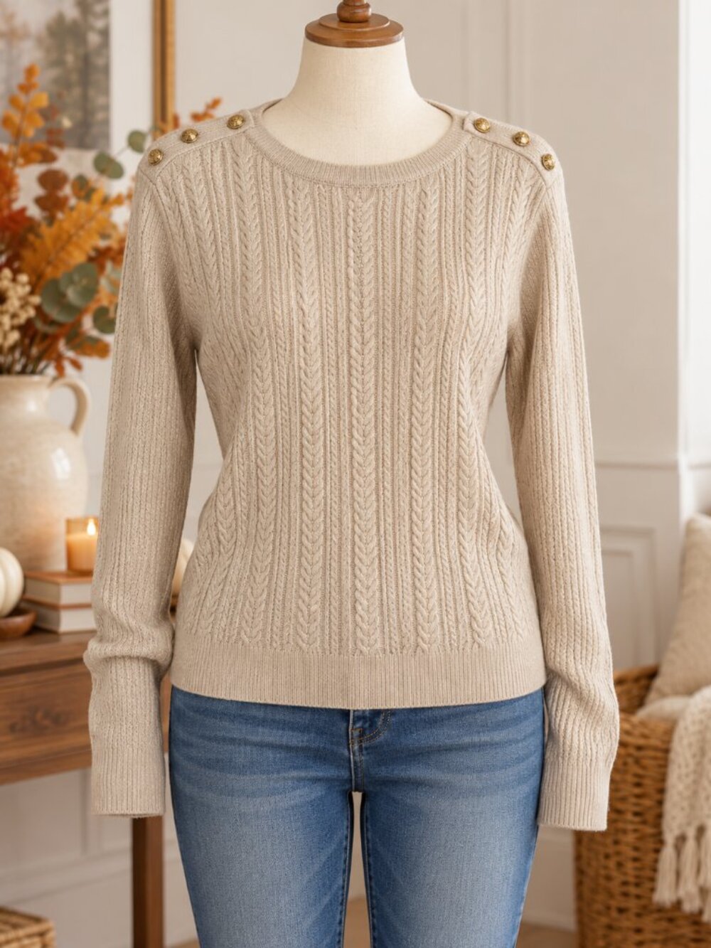 Charter Club Beige Metallic Cable Knit Sweater Gold Button Shoulder Women’s L